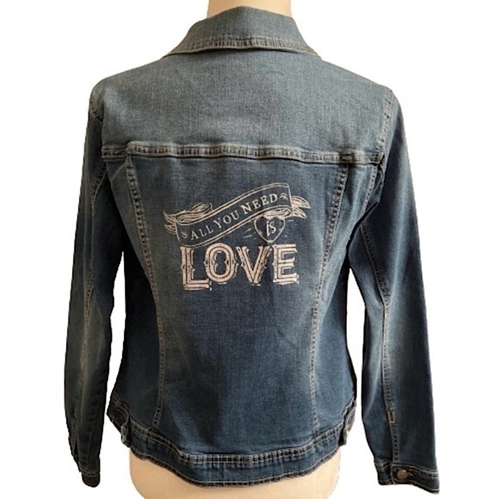 Lana Collection by Yossi denim jean jacket all you need is love small EUC - Picture 2 of 9
